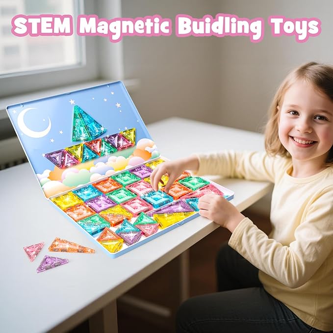 Large-Size Glitter Diamond Magnetic Tiles 60 Pcs Magnetic Block Set with Storage Box STEM Educational Sensory Toy Preschool Building Toy for Toddlers Christmas Kids Ages 2 3 4 5 6 7 8 9