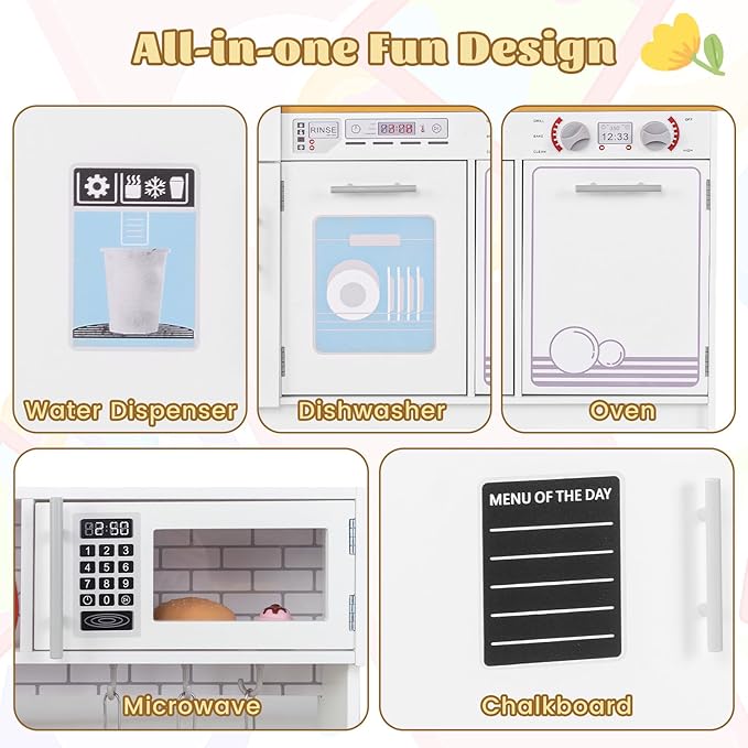 HONEY JOY Kids Kitchen Playset, Wooden Little Chef Pretend Play Kitchen Set w/Blackboard, Large Storage Cabinet, Stove, Faucet, Sink, Play Kitchen for Toddlers, Gift for Boys Girls, White