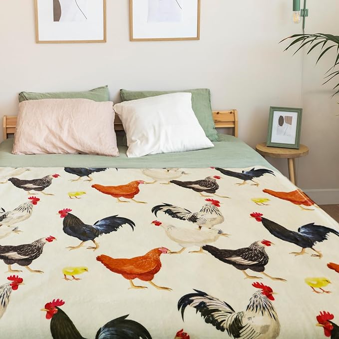 Cute Chicken Printed Blanket Soft Fuzzy Flannel Plush Throw Blanket for Couch,Sofa and Bed Decorative Blankets Funny Colorful Rooster Swaddle Baby Kids Blanket All Season 80"x60"