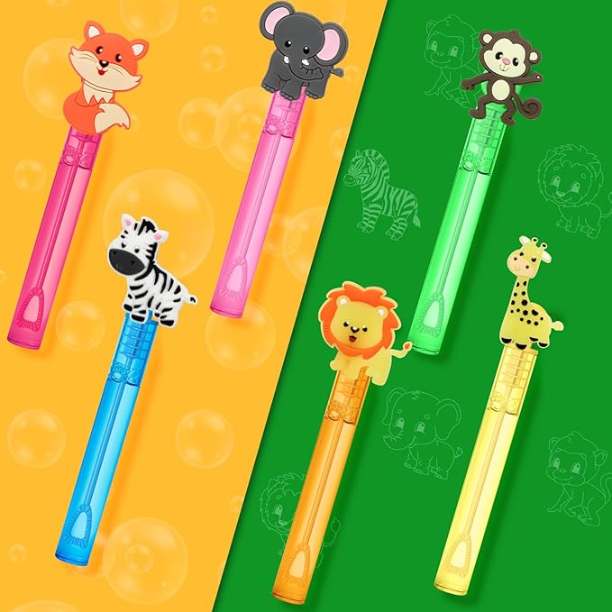 24 Jungle Animal Party Favors Bubble Wands for Kids, Lion Fox Zebra Giraffe Safari Mini Bubbles Wand Toys, Woodland Theme Birthday Party Supplies Goodie Gift Bag Stuffers Pinata Classroom Prizes