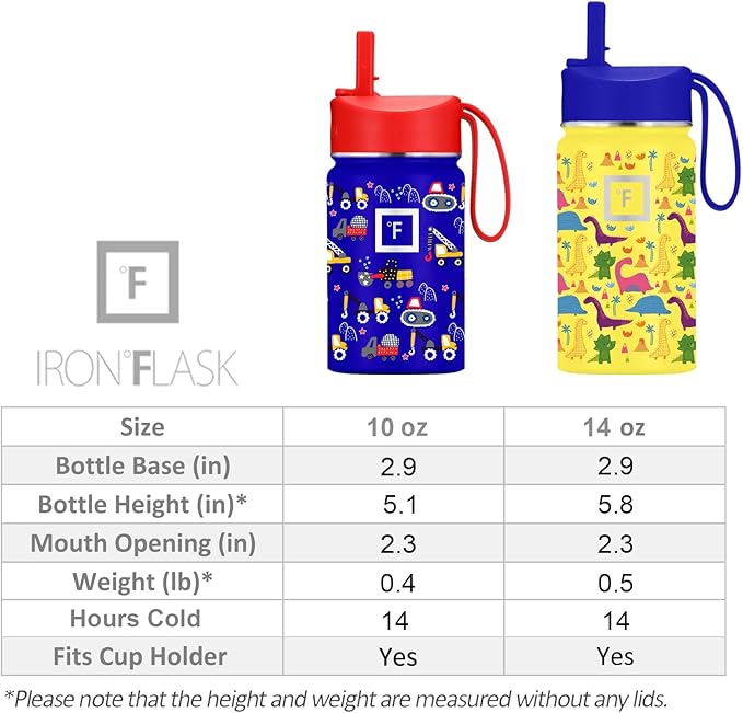 IRON °FLASK Kids Water Bottle - Straw Lid, 20 Name Stickers, Vacuum Insulated Stainless Steel, Double Walled Tumbler Travel Cup, Mug - Dino Mates, 10 Oz