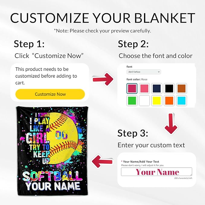 Personalized Softball Throw Blanket for Teens - 50x60 Inches Plush Softball Blankets for Girls - Black Warm Soft Throws for Sofa, Bed & Travel