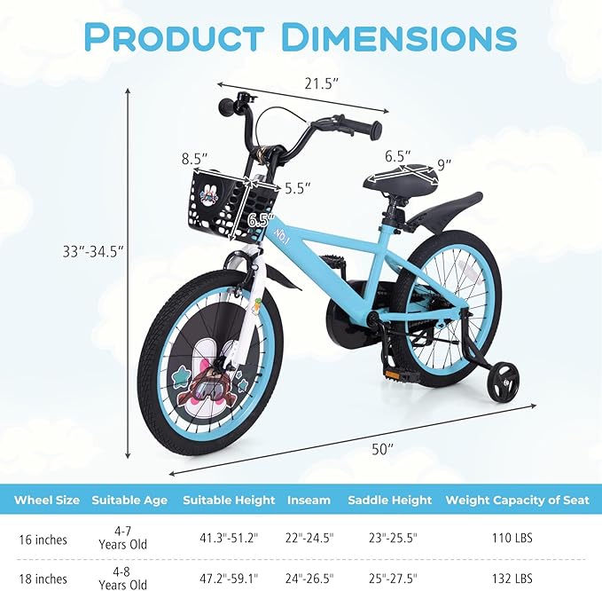 BABY JOY Rabbit Pilot Sporty Kids Bike, 12 14 16 18 Inch Child Bike for 3-8 Years Old with Adjustable Height, Training Wheels, Storage Basket, Handbrake & Coaster Brake, Kids Bicycle for Girls Boys