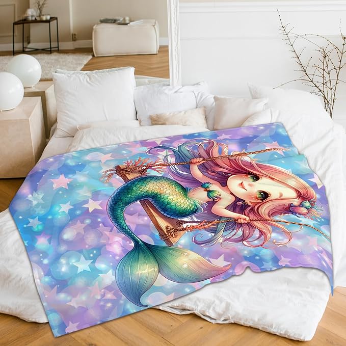 Kids Blanket Mermaid Blankets for Girls Teens Gift for Birthday Daughter On Bed Sofa, Cozy 80 x 60 Inches Lightweight Flannel Throws for Travel Bed Living Room Sofa
