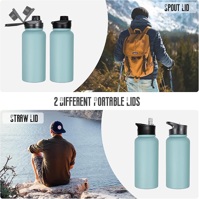 32 oz Insulated Water Bottle with Straw Lid & Wide Mouth Lids, Stainless Steel Sports Water Bottles, Double Walled Vacuum, Leak Proof, Turquoise Blue
