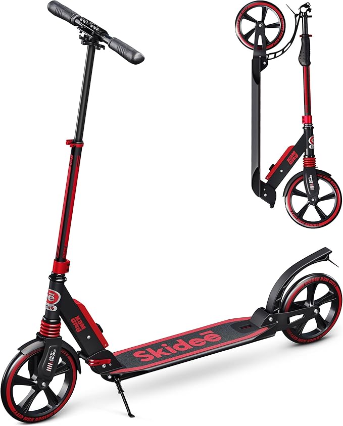 Skidee Adult & Teen Scooter Adjustable Height, Folding, Large Wheels, Lightweight, Durable, Anti-Shock Suspension, Up to 220 lbs