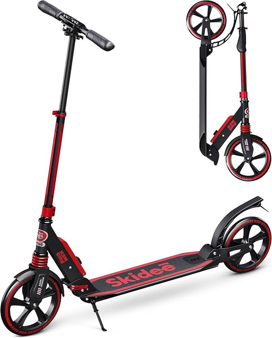 Skidee Adult & Teen Scooter Adjustable Height, Folding, Large Wheels, Lightweight, Durable, Anti-Shock Suspension, Up to 220 lbs