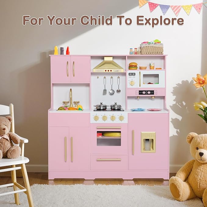 Kids Kitchen Playset, Wooden Play Kitchen with Toy Storage System, Pretend Play Kitchen Set Toy with Range Hood, Ice Maker & Coffee Maker, for Kids Ages 3+, Pink