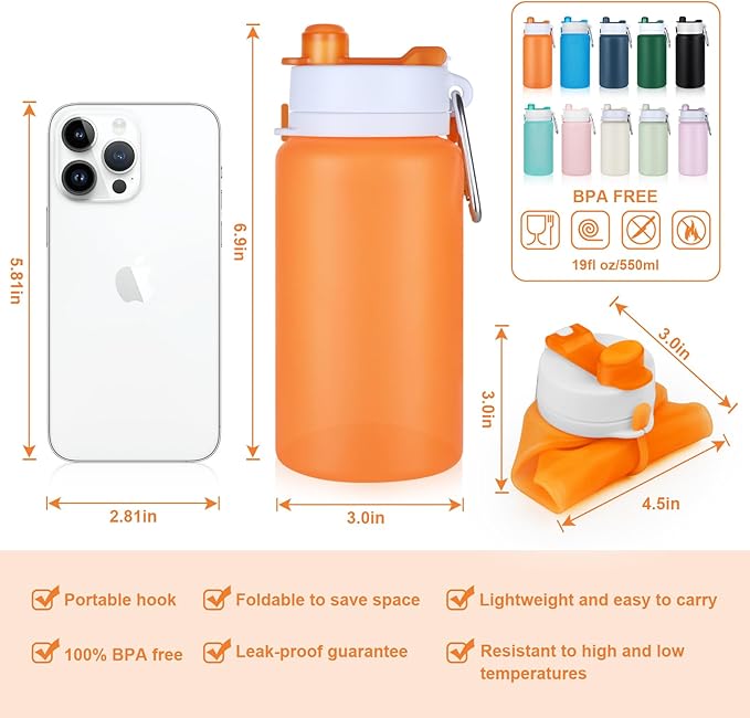 PLTCAT Collapsible Foldable BPA Free Reusable Lightweight Leak-Proof Travel Silicone Water Bottle for Travel, Gym, Hiking, Office, Camping