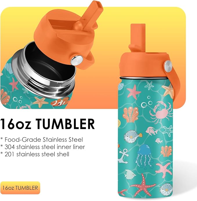 Ocean Gifts for Kids - 16 Oz Green Water Bottle with Straw Lid, Stainless Steel Insulated Tumbler, Leak Proof, BPA-Free, for Girls & Boys, School, Beach - Marine Life Lovers Birthday Gifts (1pc)