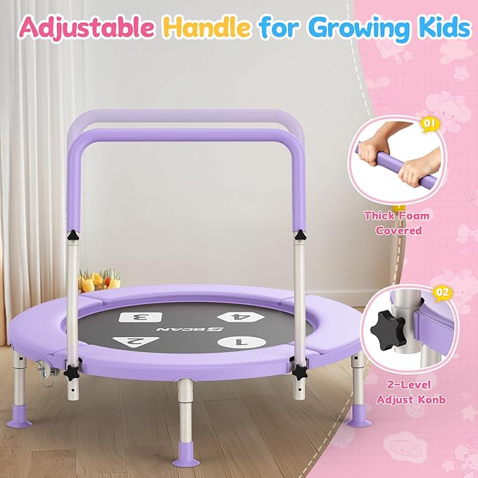 BCAN 36'' Toddler Trampoline, ASTM Certified-Foldable Mini Trampolines for Kids Ages 1-6, Adjustable Handle, Safety Pad & Foldable Legs, Baby Trampoline Indoor/Garden, Gift for Boy and Girl