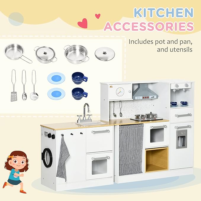 Qaba Kids Wooden Kitchen Playset with Sound Effects and Tons of Countertop Space, Wooden Corner Play Kitchen Set with Washing Machine, Imaginative Toy Pretend Restaurant, Ages 3-6, White