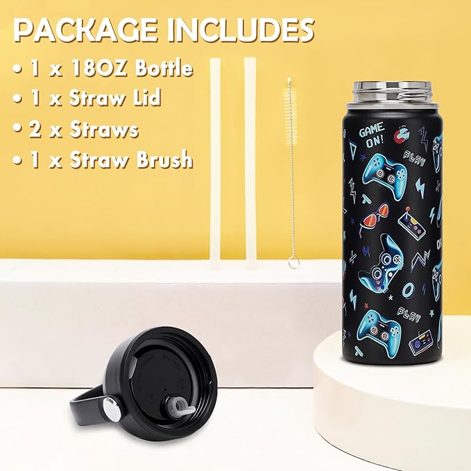 18oz Kids Insulated Water Bottle with Straw Lid - 18/8 Stainless Steel Kid Cup BPA-FREE Travel Tumbler Double Wall Vacuum Leak Proof Portable Toddler Water Bottle (Game)