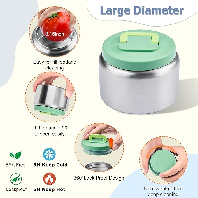 MAISON HUIS Bento Box for Kids with 8oz Soup Thermo, Leak-proof Lunch Food Containers with 5 Compartment, Insulated Lunch Bag & 17oz Stainless Steel Water Bottle for School, Trvael