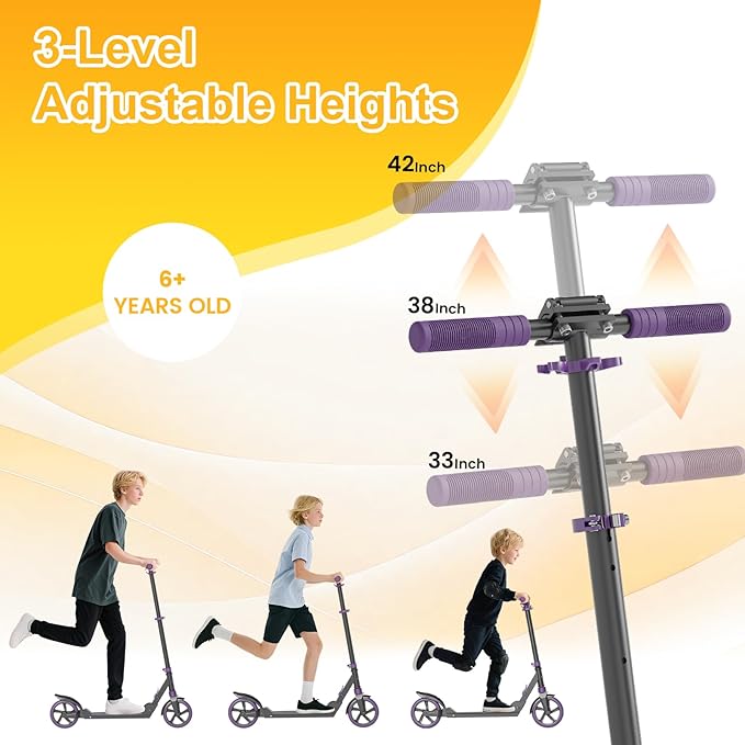 SIMATE Kick Scooter for Kids Teens & Adults, 3 Adjustable Heights, 8IN All Terrain Big Wheels, Dual Suspension, Foldable and Lightweight, Gifts for Girls Boys