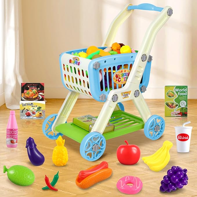 Kids Shopping Cart - 2 in 1 Toy Shopping Cart with Play Food Fruit Vegetable Dessert and Shop Accessories, 72pcs Pretend Play Grocery Store Toy Kitchen Game Trolley Play Set for Kids (Blue)