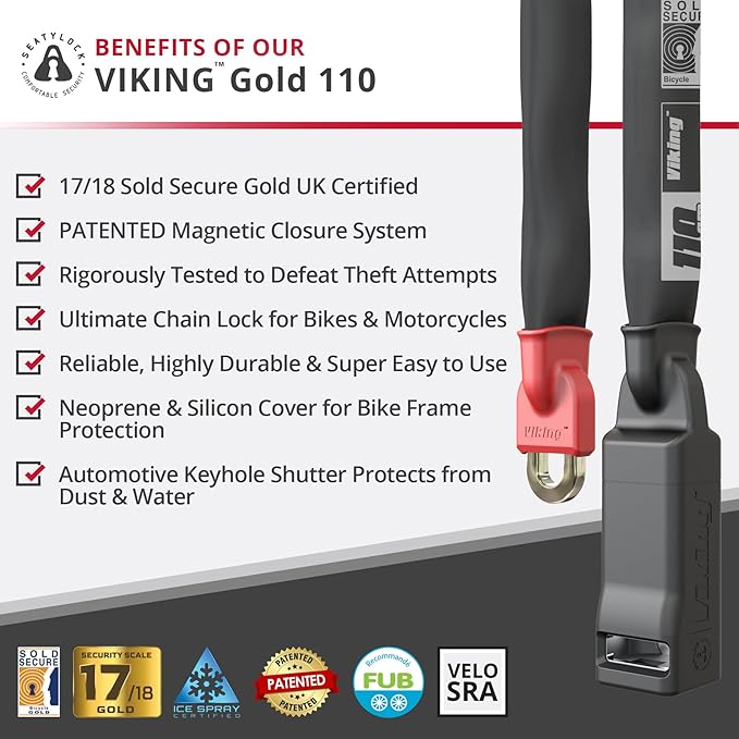 Seatylock Viking Bike Chain Lock with Key - Magnetic Patented Sold Secure Gold Rated - Heavy Duty Anti Theft - Smart Ultra Security Bicycle Lock (43.3 Inch)