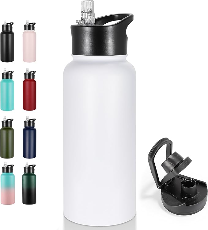 VEGOND 32 oz Insulated Water Bottle Stainless Steel Metal Water Bottles with Leak Proof Straw Lid & Spout Lid, Wide Mouth Double Walled Vacuum Travel Sports Bottle, White