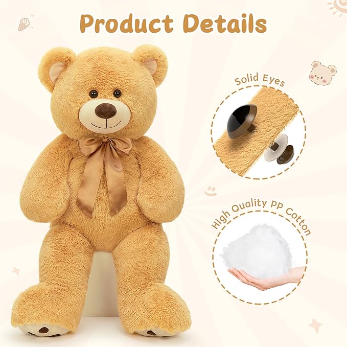 MorisMos Big Teddy Bear Stuffed Animal 36 inch, Large 3ft Teddy Bear Plush Toy, Big Stuffed Bear Gifts for Kids, Girls, Girlfriend, Women on Baby Shower, Valentine, Christmas, Birthday (Light Brown)