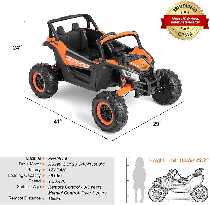JOYLDIAS 4WD Ride On Car, 12V Battery Powered Electric Off-Road UTV for Kids, 4X4 Electric Vehicle with 4 Powerful Engines, 2.4G Remote Control, Music, Bluetooth, LED Lights for Boys and Girls, Orange