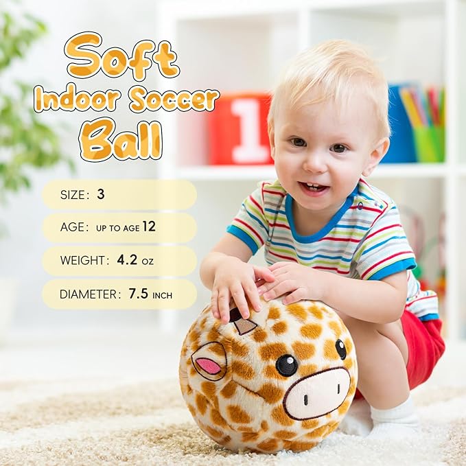 Silent Indoor Soccer Balls for Toddlers 1-3, Inflatable Soft Plush Baby Toddler Soccer Ball Toys Gifts for Kid 3-5 Year Old Boy Girl First Birthday Gift (Giraffe, Pump Include)