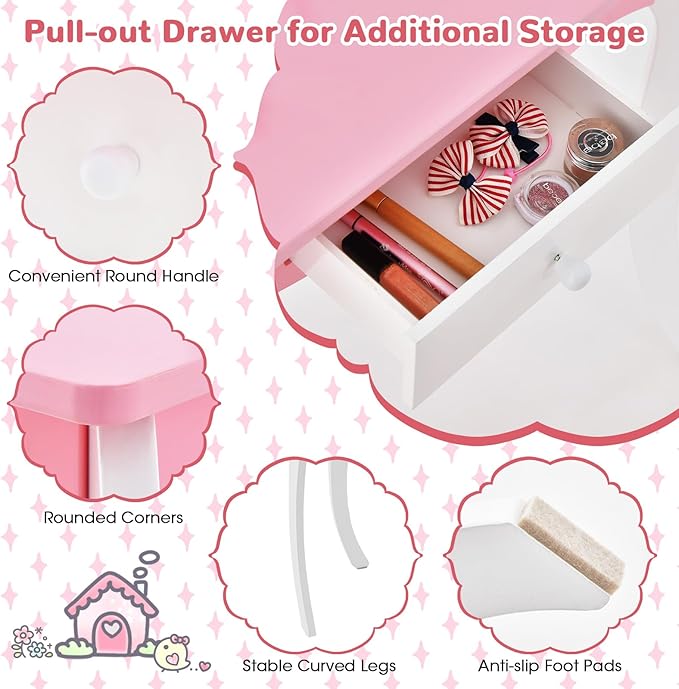 HONEY JOY Kids Vanity, Toddler Wooden Makeup Vanity Table & Chair Set, Tri-Fold Princess Mirror, Little Girls Vanity Set with Mirror and Stool (Pink)