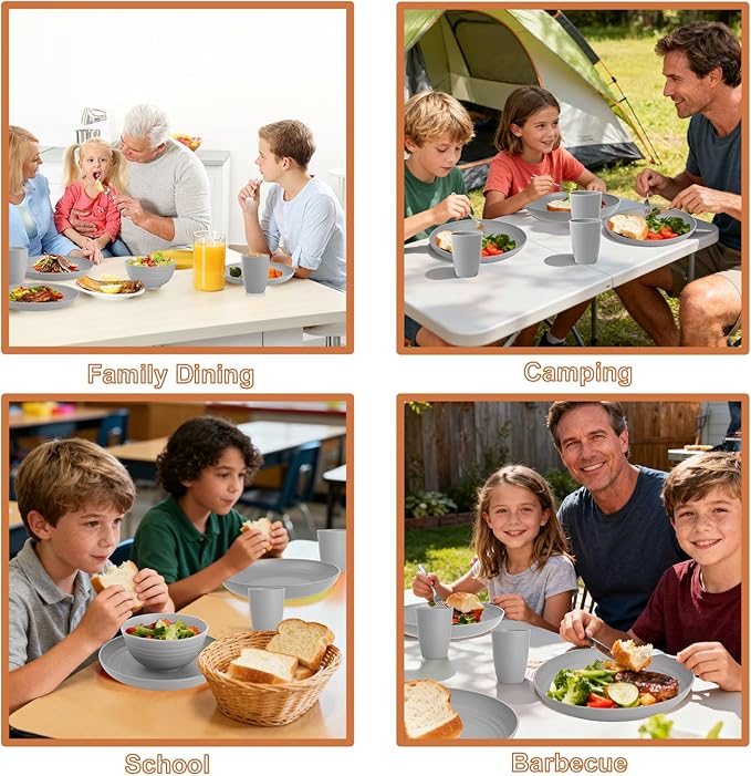 Dinnerware Sets 20 PCS, Wheat Straw Plates and Bowls Sets Service for 4, Microwave Dishwasher Safe Kids Tableware Set, Unbreakable Reusable Plastic Plates Set for Kitchen Office Travel Camping - Gray