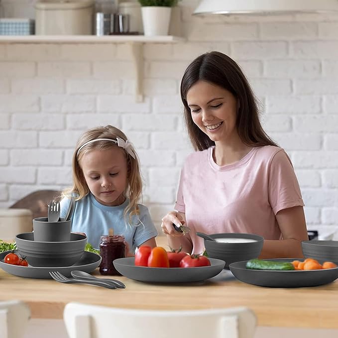 Shopwithgreen Wheat Straw Dinnerware Sets for 8, 40 PCS Unbreakable Plates and Bowls Sets, Reusable Dinner Dishes Set, Bowls, Cups,Plates for Camping, Kitchen, RV, Dorm,Dishwasher Microwave Safe