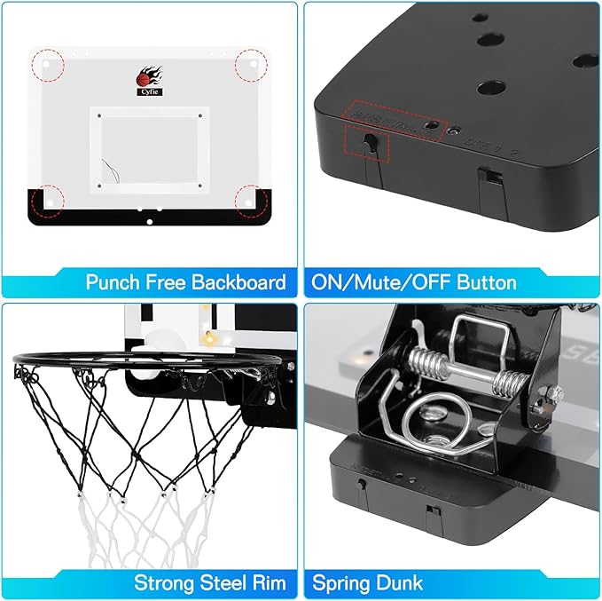 CYFIE LED Basketball Hoop, Suction Cup/Over The Door Basketball Hoop with Sturdy Backboard/Electronic Scoreboard, Sound, 3 Balls, Mini Indoor Basketball Toy Gifts for Kids Teens Boys Girls Youth
