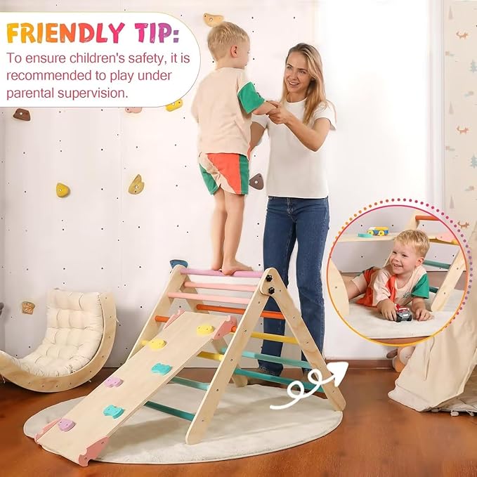 Pikler Triangle Set with Cushion Large, 5 in 1 Toddler Climbing Toys Indoor, Montessori Foldable Climbing Set for Kids, Wooden Playground Jungle Gym with Ramp, Arch and Ladder (Color-B)