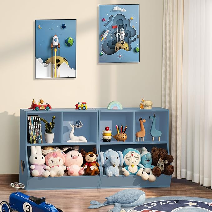 Lerliuo Baby Toddler Bookshelf and Storage Organizer, Kids Cabinet and Bookcase, Wooden 3 Cubby Children Book Shelf for Playroom, Bedroom, Nursery, School 23.62'' H (Blue)