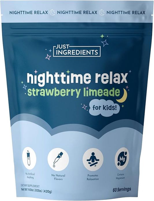 JUST INGREDIENTS Kids Nighttime Relax Drink Mix – Strawberry Limeade Flavor – 60 Servings | Magnesium, Tart Cherry & L-Theanine | Supports Evening Calm, Relaxation & Restful Sleep*