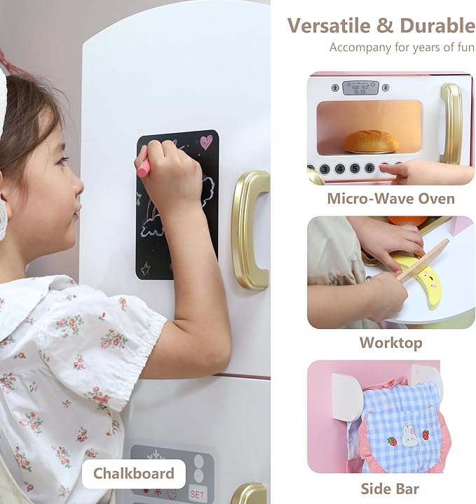 Kinder King Wooden Kids Play Kitchen, Toy Kitchen Playset for Toddler, Pretend Oven, Microwave, Telephone, Chalkboard, Interactive Doors, Knobs, Realistic Kitchen Sets for Boys Girls Age 3+, Gold