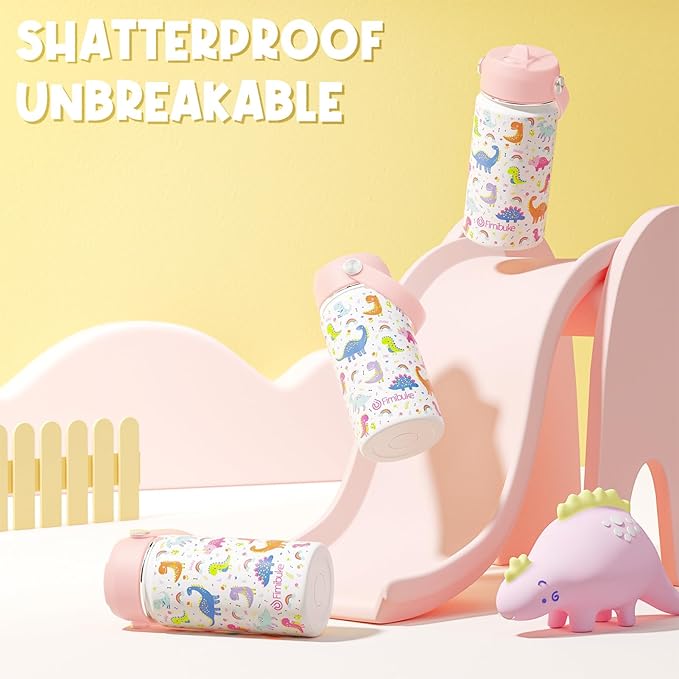 Fimibuke Kids Insulated Water Bottle, 14oz BPA FREE Double Wall Vacuum Tumbler 18/8 Stainless Steel Leak Proof Kids Cups with Straw Metal Bottle for School Boy Girl (2 Pack, UNICORN/WHITE DINOSAUR)