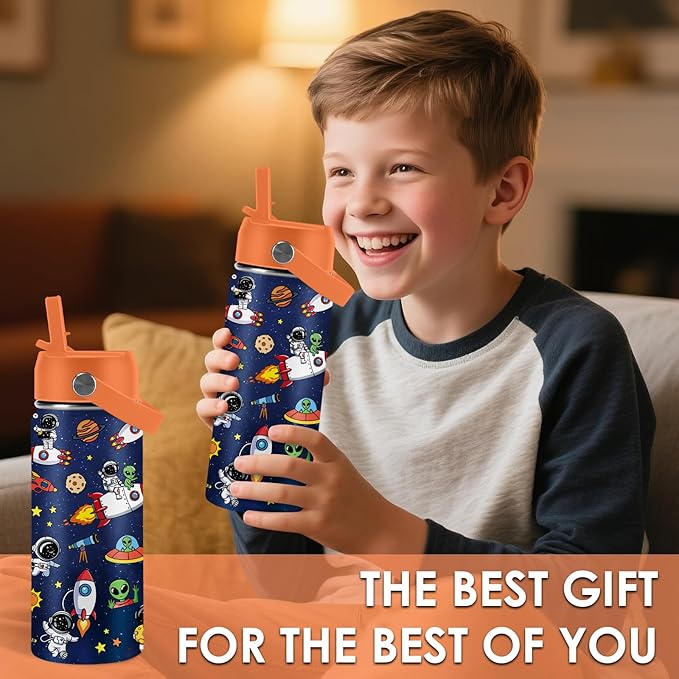 Space Astronomy Gifts for Kids - 16 Oz Kids Water Bottle with Straw Lid, Stainless Steel Insulated Tumbler, Leak Proof, BPA-Free, for Boys, School, Travel - Universe Children Birthday Gifts Cups(1pc)