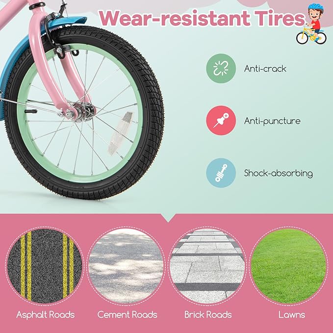 BABY JOY Colorful Macarons Kids Bike, 12 14 16 18 Inch Sporty Children's Bicycle with Training Wheels, Adjustable Handlebar & Saddle, Handbrake & Coaster Brake, Boys Girls Bike for 3-8 Years Old