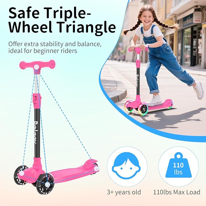 BELEEV Scooters for Kids 3 Wheel Kick Scooter for Toddlers Girls Boys, 4 Adjustable Height, Lean to Steer, Light up Wheels, Extra-Wide Deck, Easy to Assemble for Children Ages 3-12 (Rose Pink)