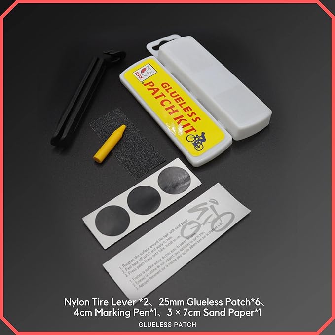 PAX 11Pcs Glueless Bike Tire Glueless Repair Patch Kit, 2 Pcs Nylon Tire Lever, Sand Paper, 1 Pc Marking Pen, 1 Pc Exposition in Portable Storage Box for Road, Mountain & BMX Bikes, ATV