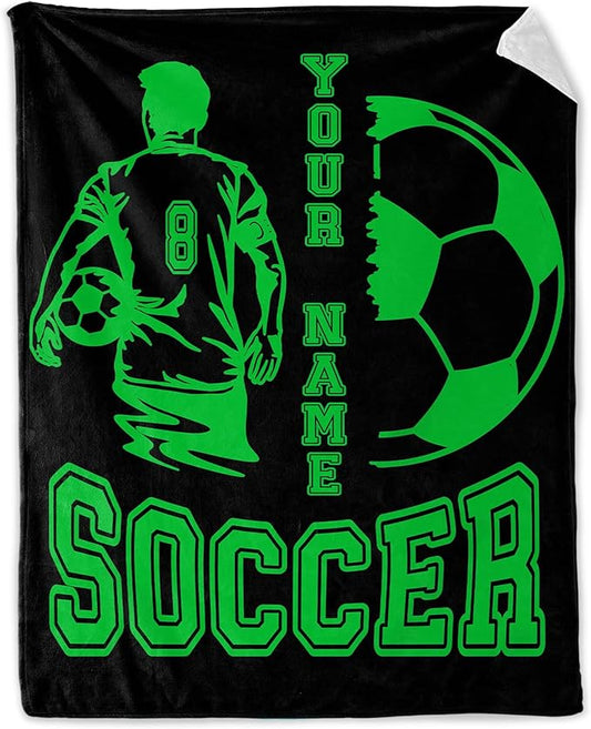 Personalized Soccer Throw Blanket with Name - Soft, Fuzzy & Warm - 60x80 Inches Twin Size Blanket for Couch, Office - Green Funny Throw Gift for Boys, Men