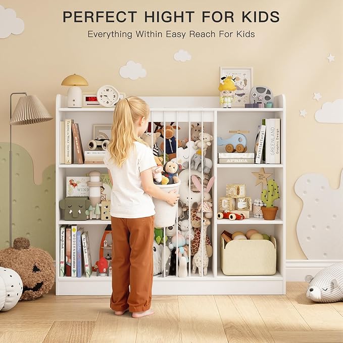 Wooden Stuffed Animal Storage, Toy Storage Organizer with 6 Cubbies, Kids Bookshelf Toy Shelf for Playroom, Nursery, and Bedroom