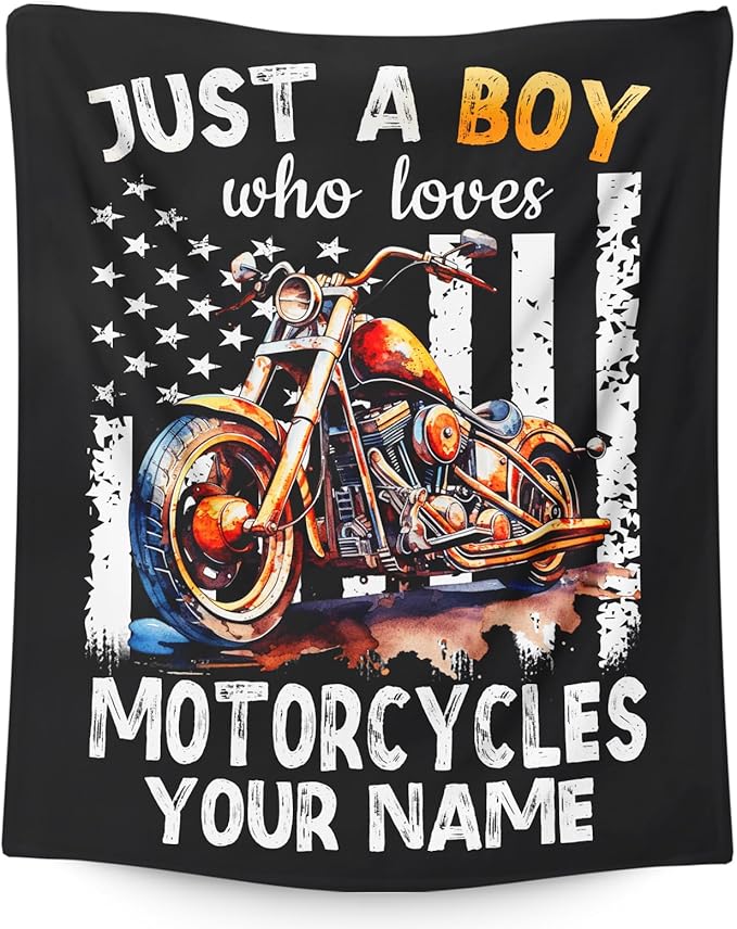 Personalized Motorcycle Gifts for Boys Men, 50x60 Inches Cool Throw Blanket for Kids Teens Motorbike Lovers Motorcycle Riders, Custom Black Soft Blankets for Couch Sofa Bed Travel