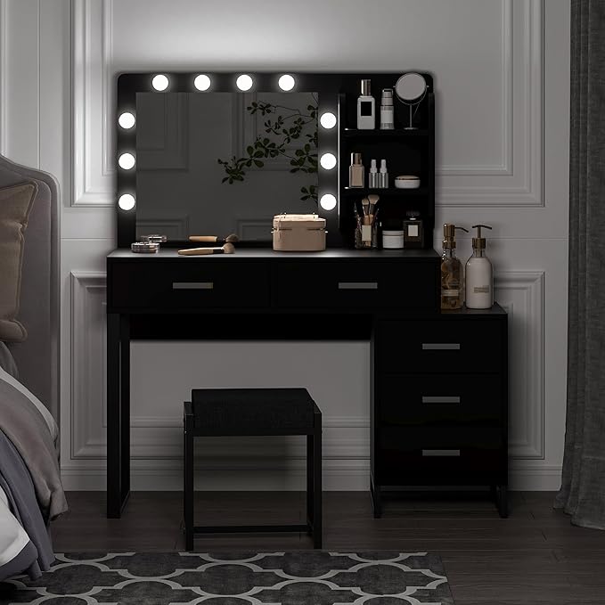 Makeup Vanity Desk with Lights,Vanity with Lighted Mirror,3 Lighting Modes Adjustable,Vanity Desk with 5 Storage Drawers,Vanity Set with Bench