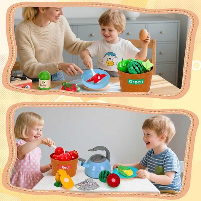 90Pcs Kitchen Playset Accessories, Pretend Cooking with Pots, Pans, Cookware, Food, Fruit, Veges, Color Sorting Baskets, Prop Money, Learning Gift for Girls Boys Toddlers (Blue)