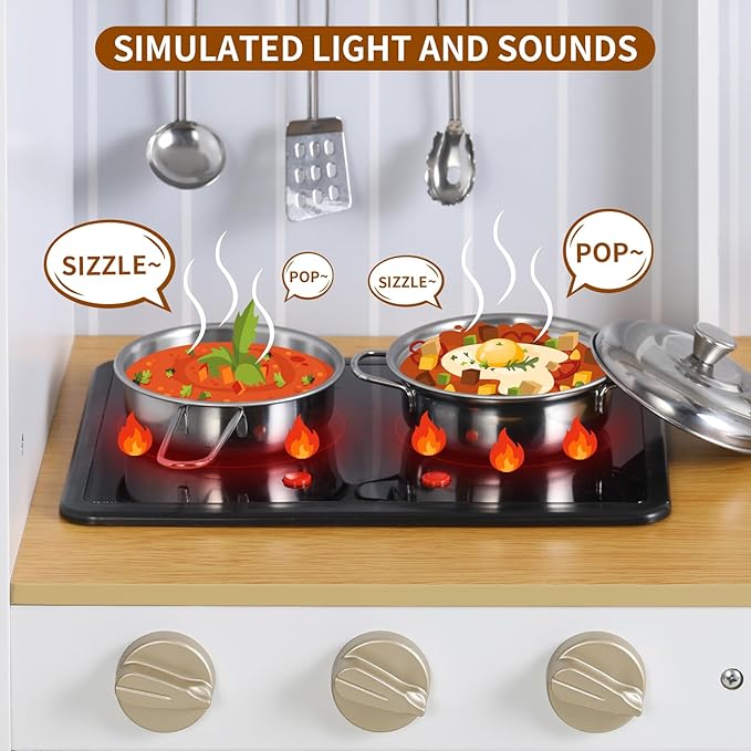 Arlopu Play Kitchen for Kids, Wooden Toy Toddler Kitchen Sets, Sturdy Pretend Cooking Playset with Storage & Accessories, Realistic Light & Sound, Stove, Fridge, Microwave, Removable Sink (White)