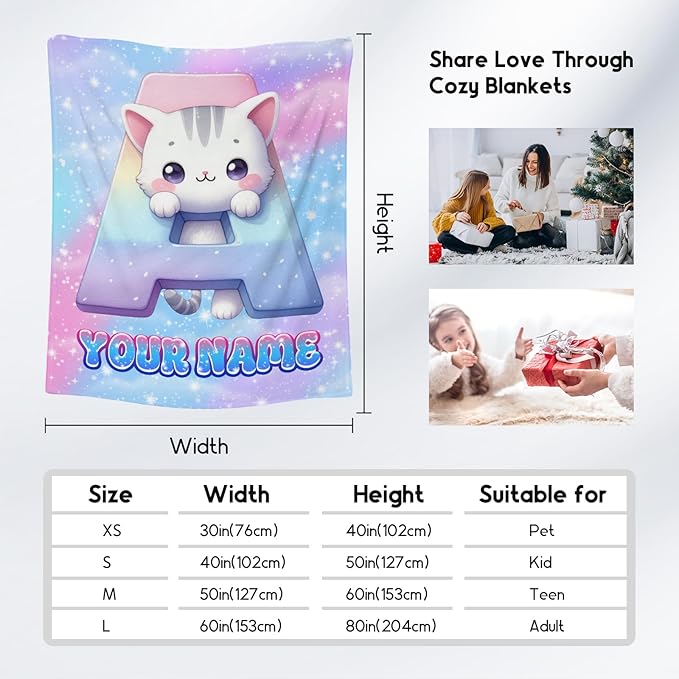 Girls Blanket - Personalized Cat Blankets with Name for Kids - Custom Monogram Gifts for Daughter - Plush Cozy Flannel Throws - 4 Sizes for Toddler/Children/Teens/Adults