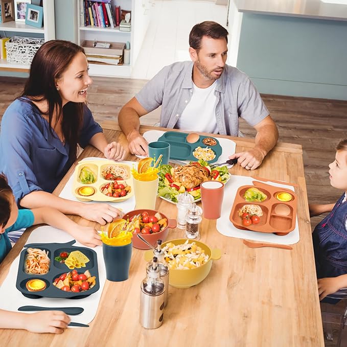 24 PCS Wheat Straw Dinnerware Set for Kids Toddler Plate Bowl Cup Set Unbreakable BPA-Free Tableware with Divided Plate Microwave Dishwasher Safe Perfect for Home School Picnics