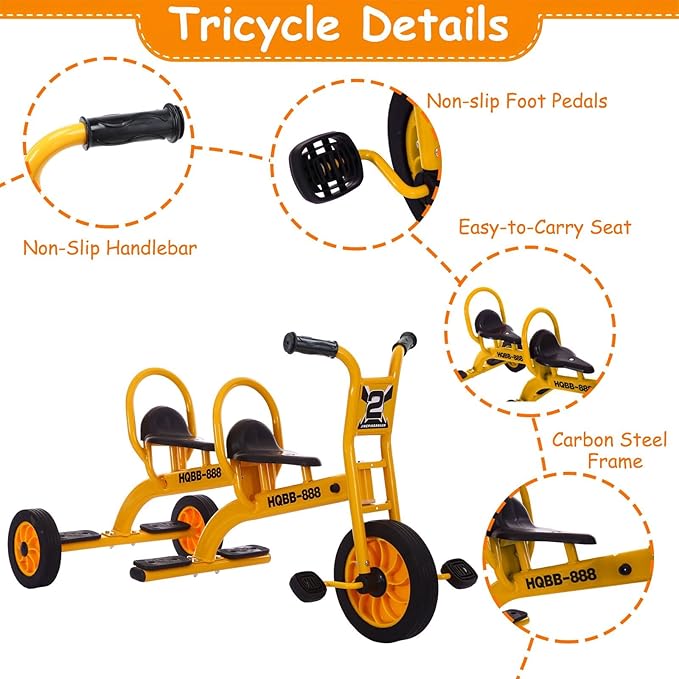 Kids Tricycle for Ages 3-8, Double Kids Trike Bike, Preschool Daycare Outdoor Tandem Bike with Airless Rubber Tires, Two-Seater and Non-Slip Pedals, Gift for Boys and Girls