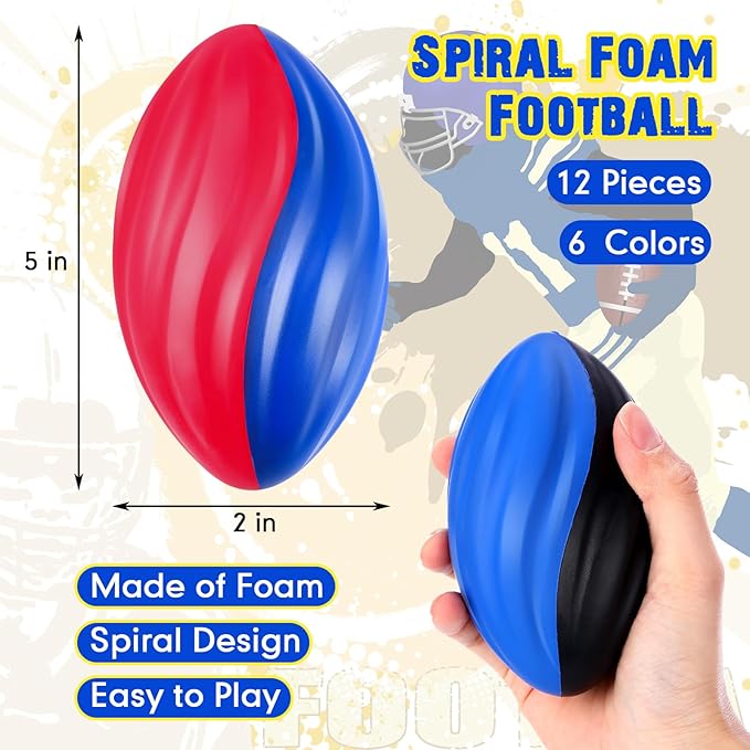 Jerify 12 Pcs Mini Footballs for Kids Spiral Foam Football Bulk 5 Inch Soft Small Waterproof Foam Ball Sports Birthday Toddler Football for Indoor and Outdoor Game(Bright Color)