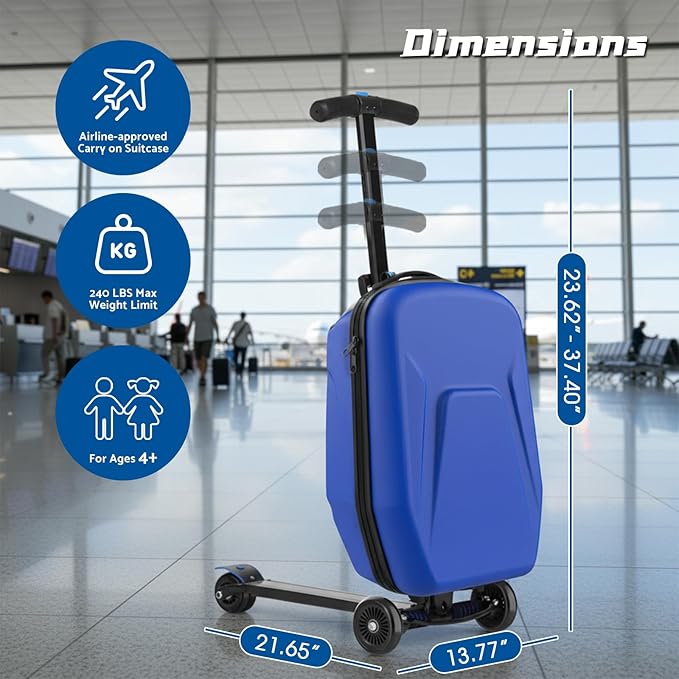 20" Hardshell Scooter Suitcase for Kid & Adult Foldable 2 in 1 Ride on Carry on Travel Trolley Scooter Luggage With Wheels