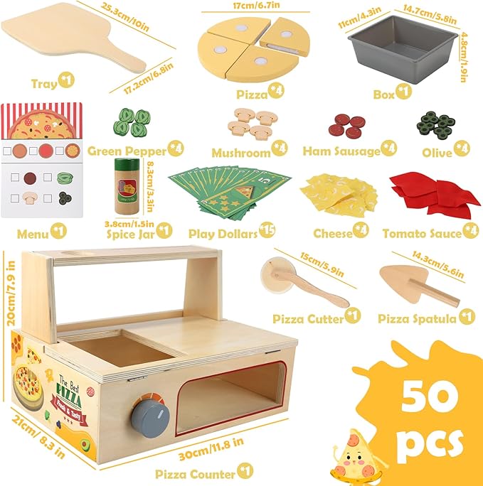 50PCS Wooden Pizza Toy, Pizza Counter Playset with Bake Oven, Kitchen Play Food and Accessories for Kids, Montessori Pretend Play Toys for Boys Girls Age 3+